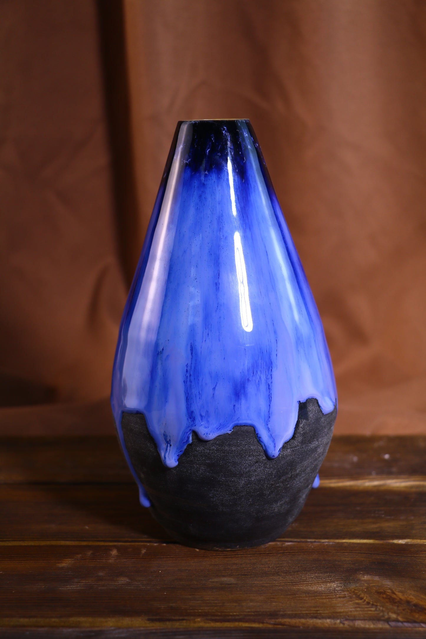 Handmade Blue Glaze Drip Ceramic Vase, Unique Artisan Pottery Home Decor