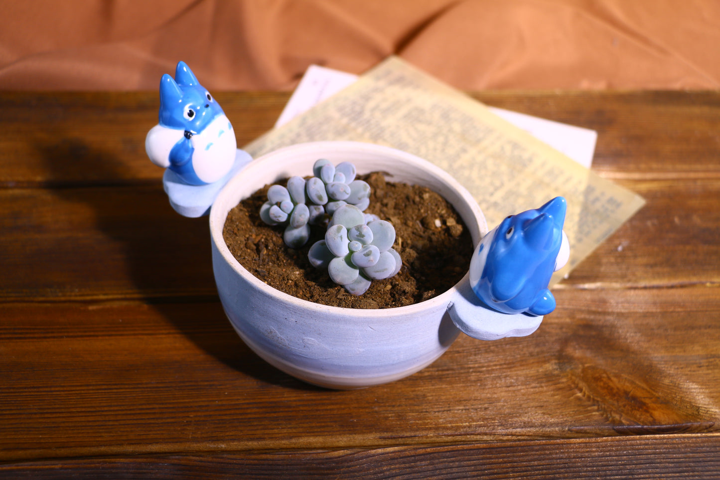 Handmade Totoro Ceramic Planter โ Unique Hand-Painted Succulent Pot with Drainage Hole