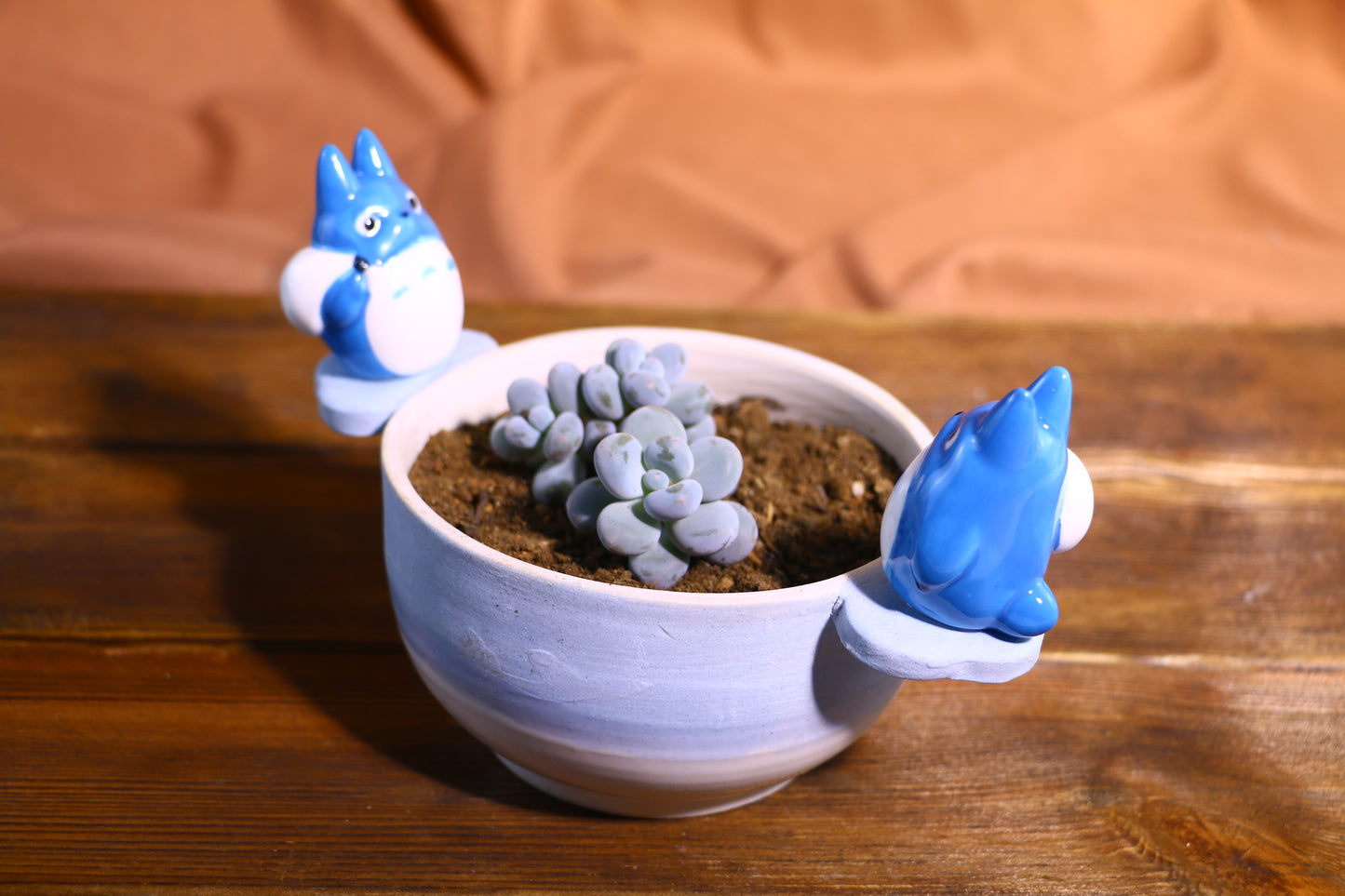 Handmade Totoro Ceramic Planter โ Unique Hand-Painted Succulent Pot with Drainage Hole