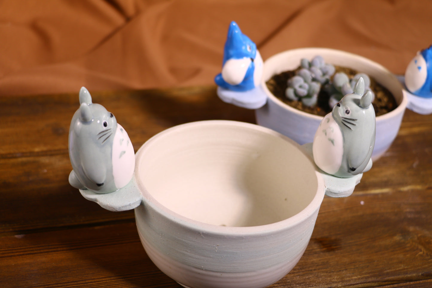 Handmade Totoro Ceramic Planter โ Unique Hand-Painted Succulent Pot with Drainage Hole