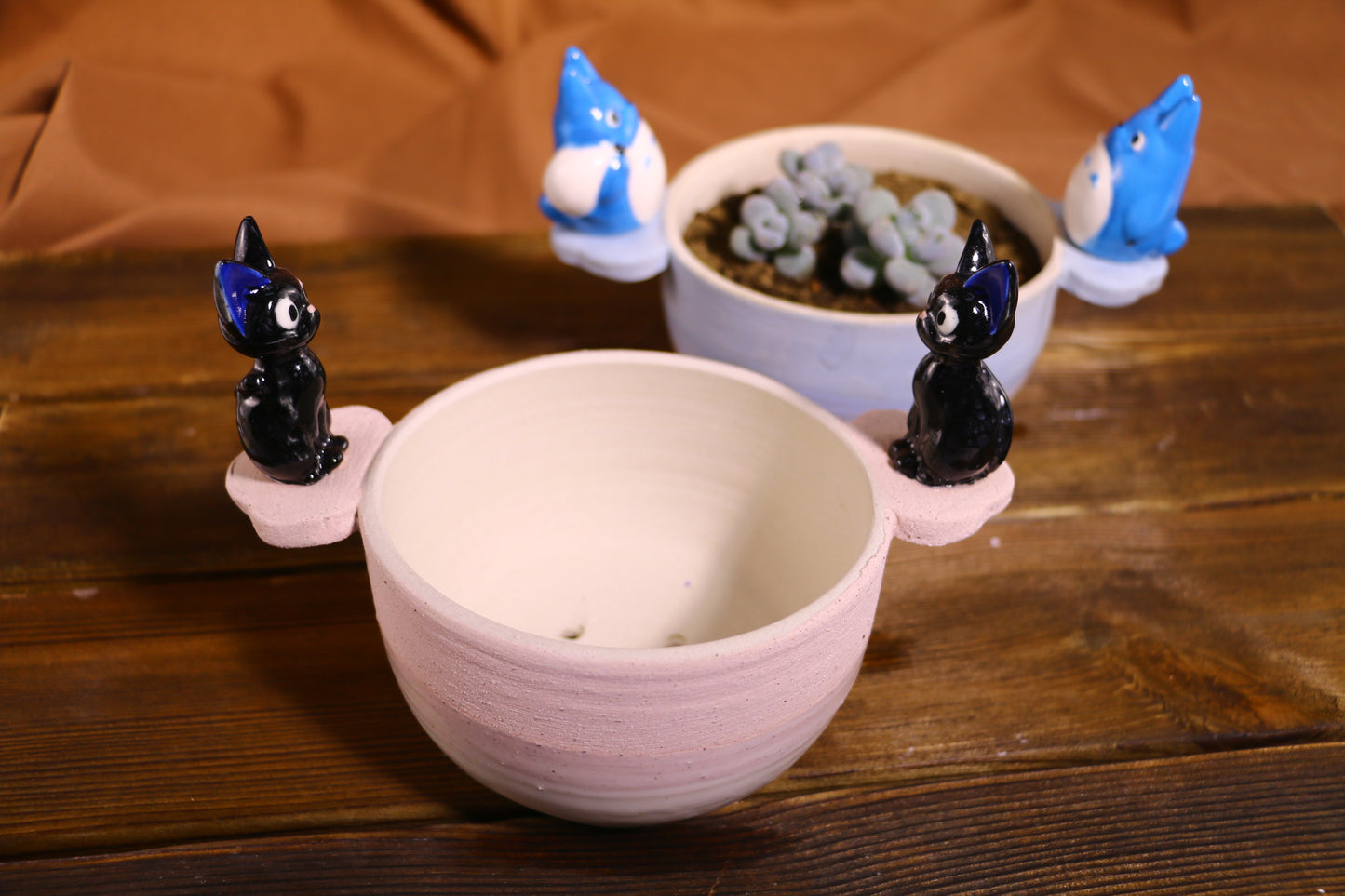 Handmade Totoro Ceramic Planter โ Unique Hand-Painted Succulent Pot with Drainage Hole
