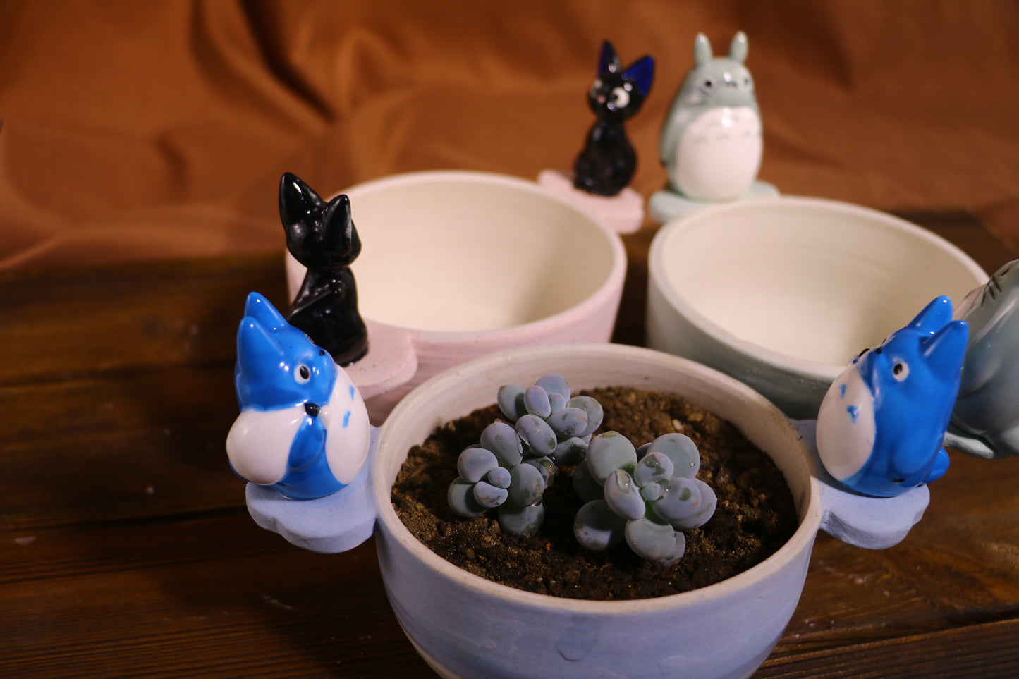 Handmade Totoro Ceramic Planter โ Unique Hand-Painted Succulent Pot with Drainage Hole