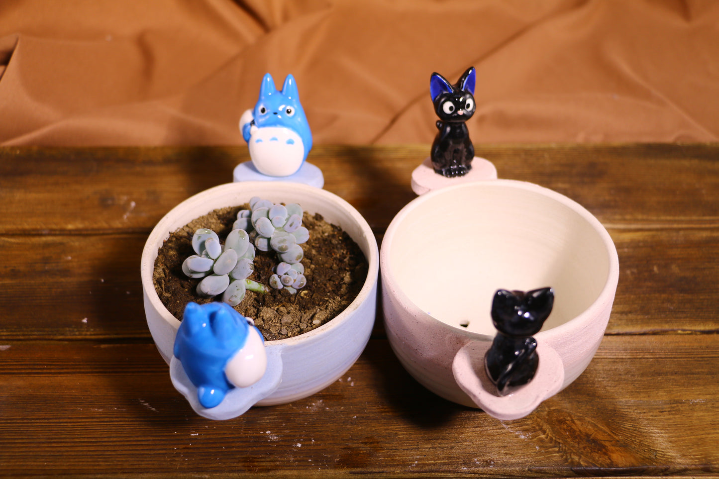 Handmade Totoro Ceramic Planter โ Unique Hand-Painted Succulent Pot with Drainage Hole