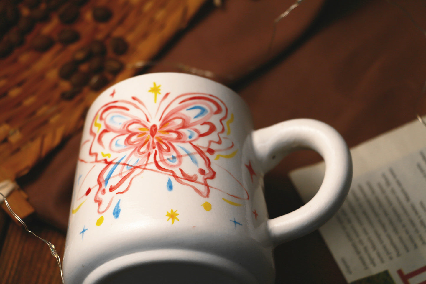 Hand-Painted Butterfly with Cat Mug - Cute Handmade Ceramic Coffee Cup