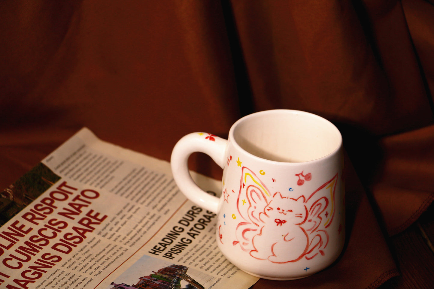 Hand-Painted Butterfly with Cat Mug - Cute Handmade Ceramic Coffee Cup