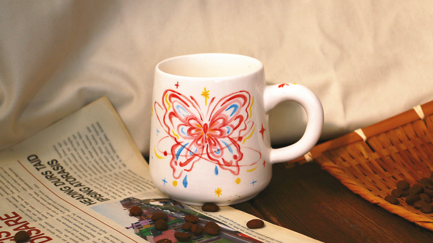 Hand-Painted Butterfly with Cat Mug - Cute Handmade Ceramic Coffee Cup