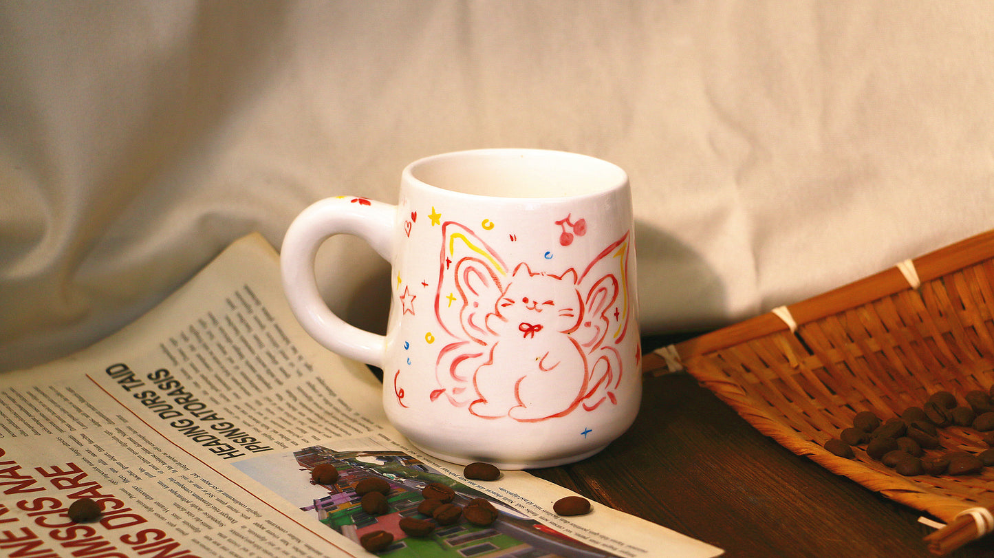 Hand-Painted Butterfly with Cat Mug - Cute Handmade Ceramic Coffee Cup
