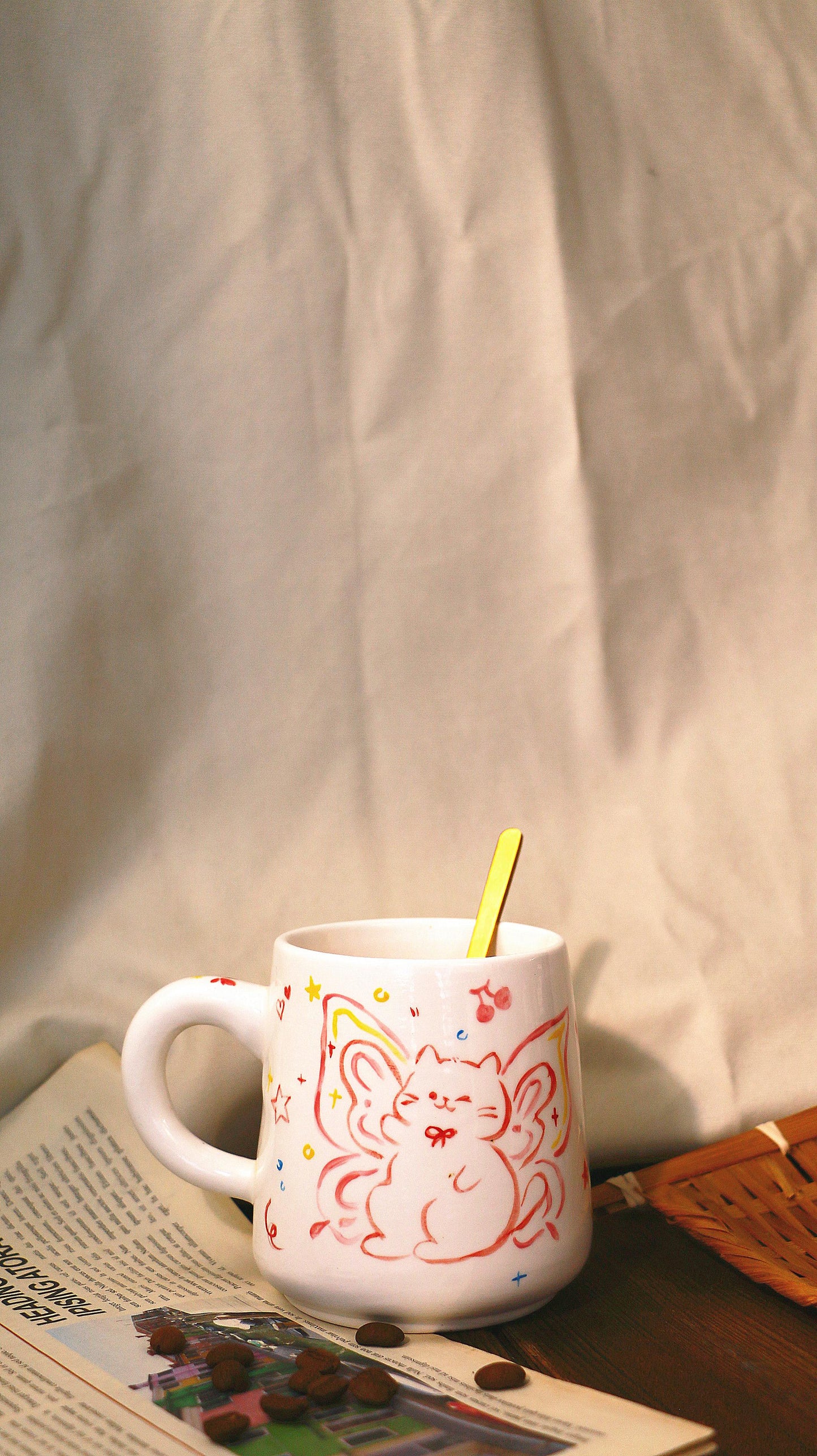 Hand-Painted Butterfly with Cat Mug - Cute Handmade Ceramic Coffee Cup