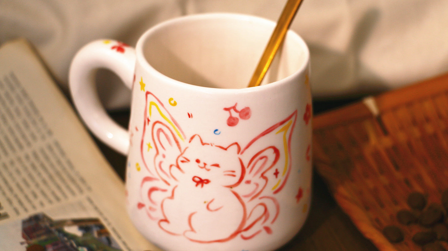 Hand-Painted Butterfly with Cat Mug - Cute Handmade Ceramic Coffee Cup