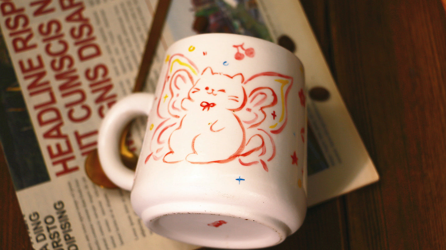 Hand-Painted Butterfly with Cat Mug - Cute Handmade Ceramic Coffee Cup
