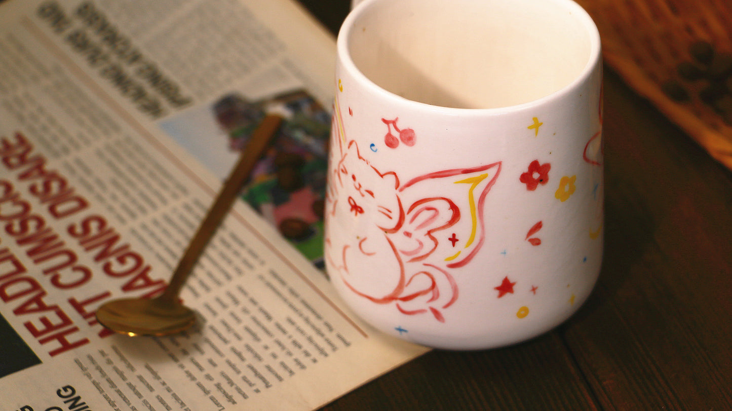 Hand-Painted Butterfly with Cat Mug - Cute Handmade Ceramic Coffee Cup
