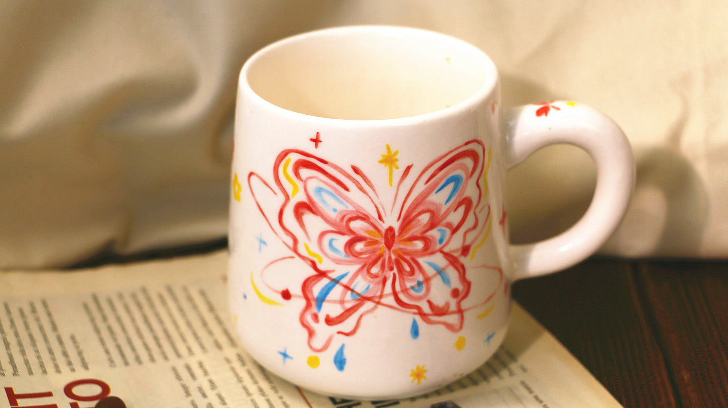 Hand-Painted Butterfly with Cat Mug - Cute Handmade Ceramic Coffee Cup