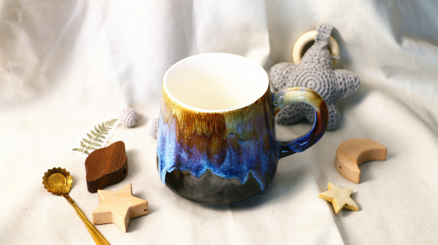 Handmade Ceramic Mug – Blue & Brown Drip Glaze, Unique Pottery Cup for Coffee and Tea Lovers