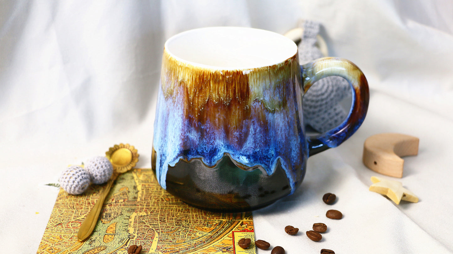 Handmade Ceramic Mug – Blue & Brown Drip Glaze, Unique Pottery Cup for Coffee and Tea Lovers