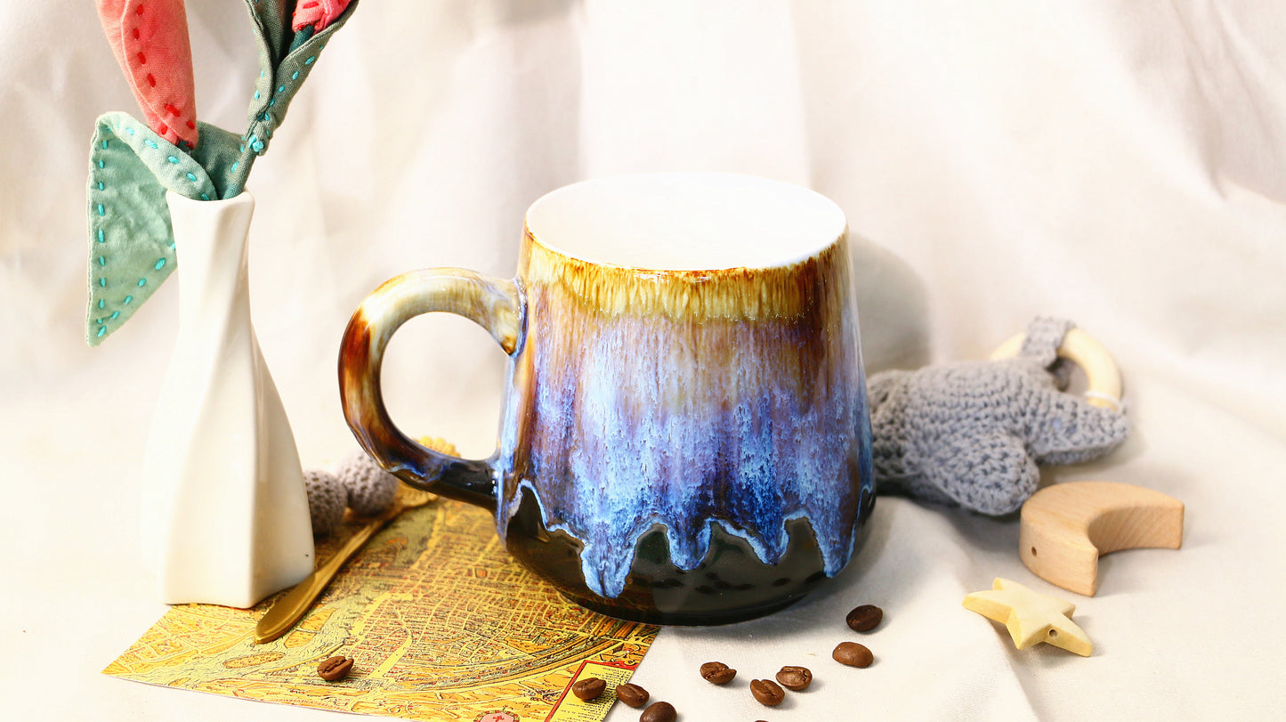 Handmade Ceramic Mug – Blue & Brown Drip Glaze, Unique Pottery Cup for Coffee and Tea Lovers