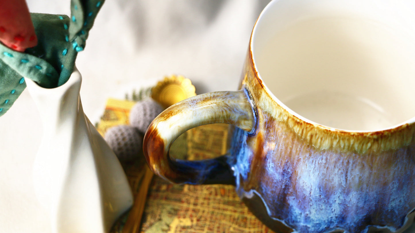 Handmade Ceramic Mug – Blue & Brown Drip Glaze, Unique Pottery Cup for Coffee and Tea Lovers