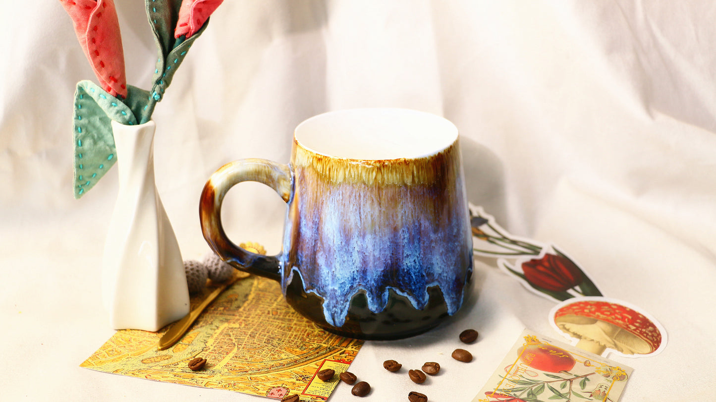 Handmade Ceramic Mug – Blue & Brown Drip Glaze, Unique Pottery Cup for Coffee and Tea Lovers