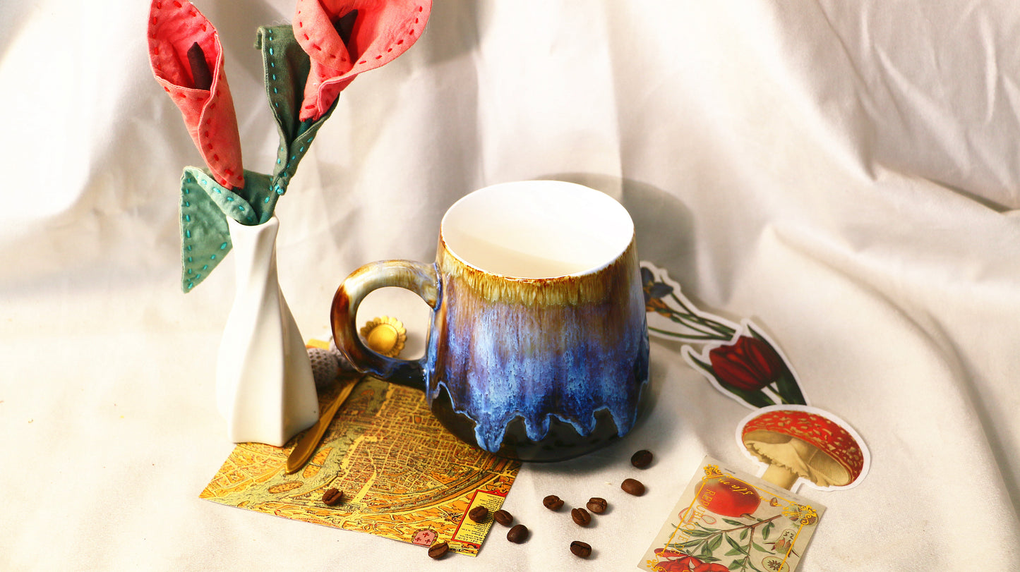Handmade Ceramic Mug – Blue & Brown Drip Glaze, Unique Pottery Cup for Coffee and Tea Lovers