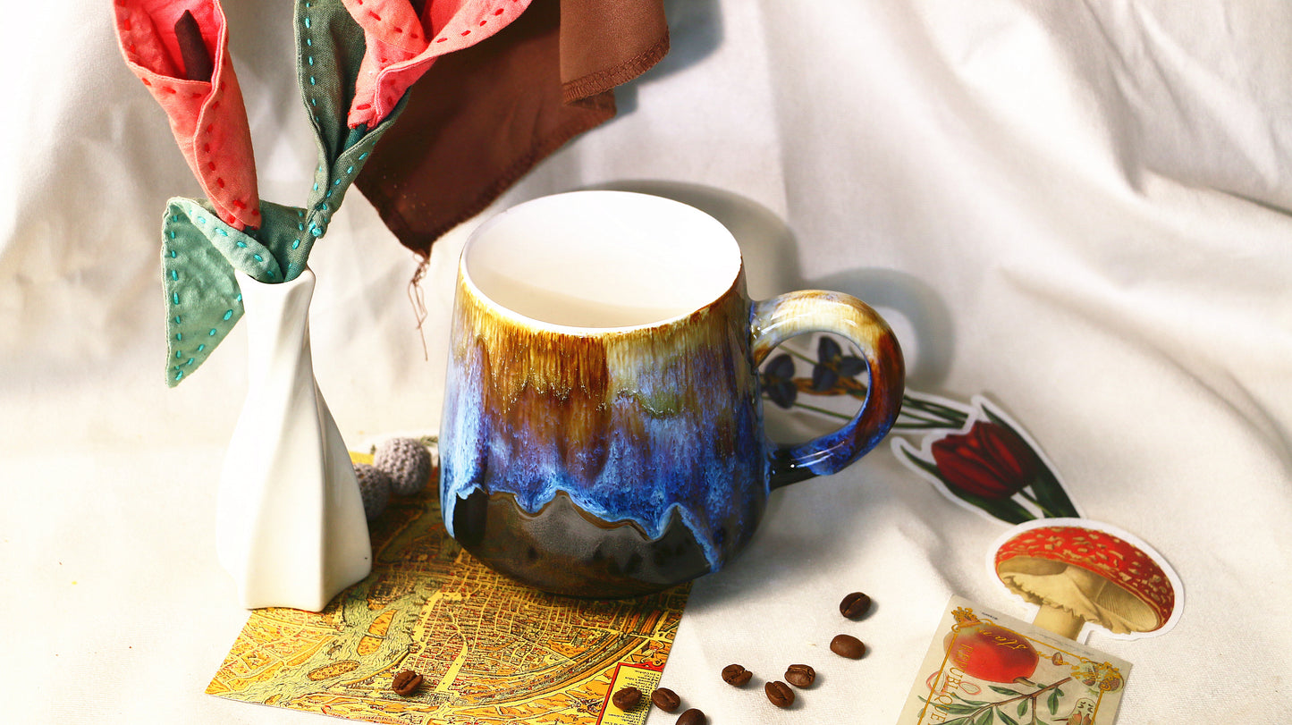 Handmade Ceramic Mug – Blue & Brown Drip Glaze, Unique Pottery Cup for Coffee and Tea Lovers