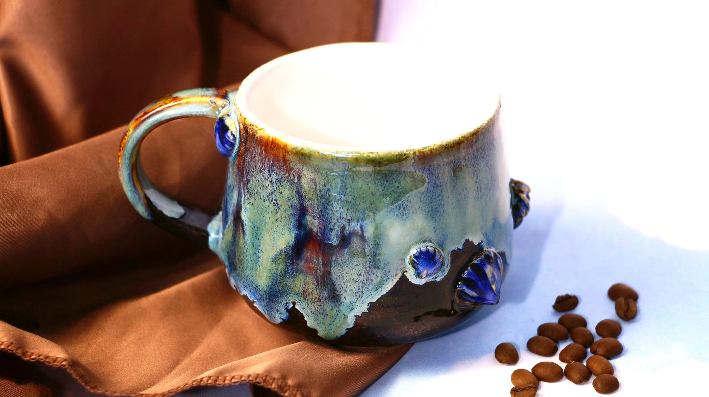 Marine-Themed Handmade Coffee Mug with 3D Jellyfish & Seashell Reliefs Design