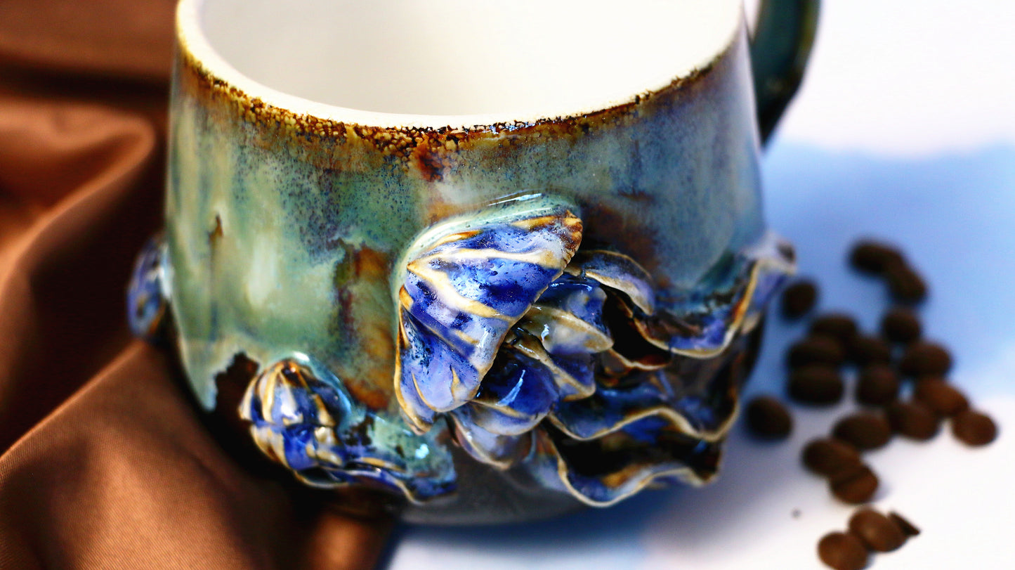 Marine-Themed Handmade Coffee Mug with 3D Jellyfish & Seashell Reliefs Design