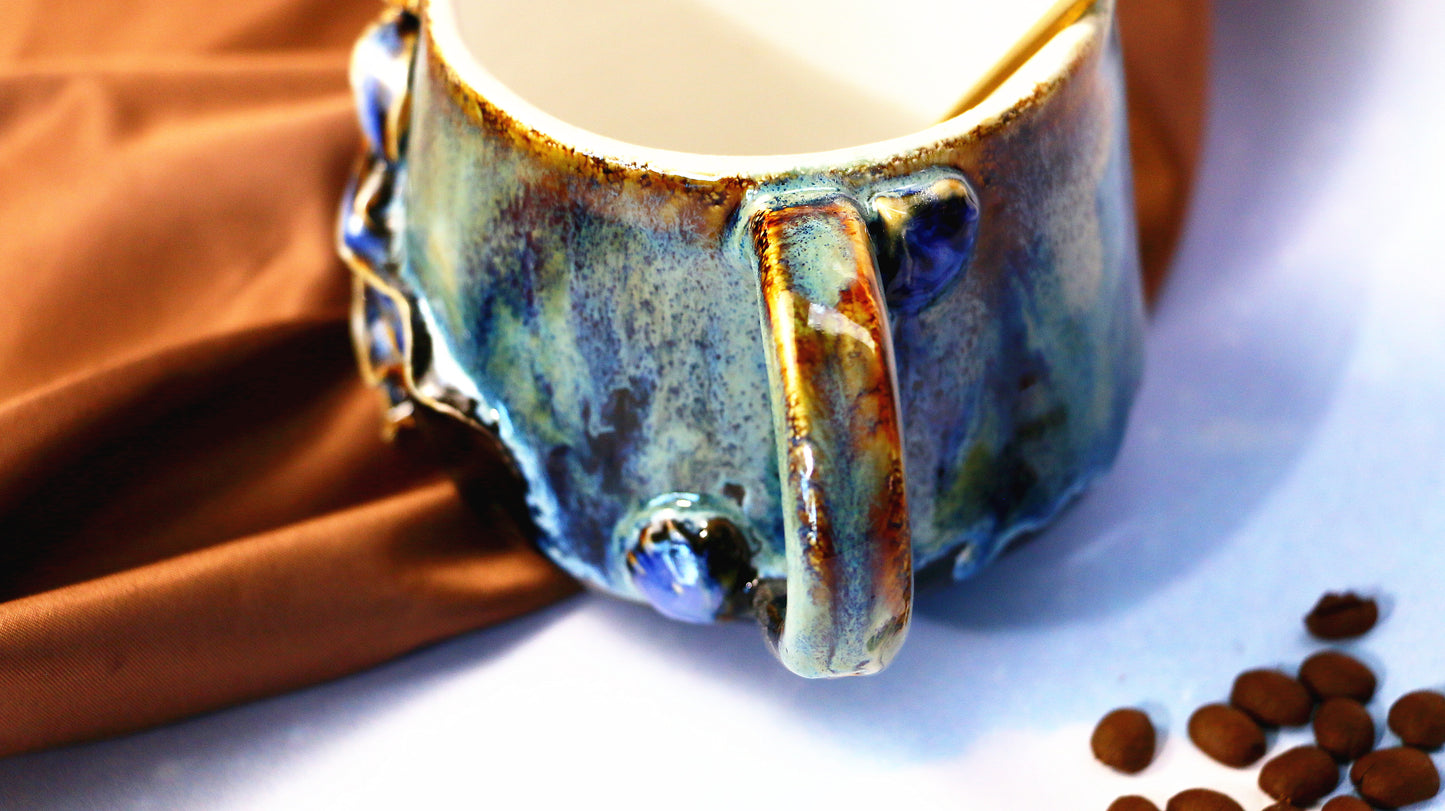 Marine-Themed Handmade Coffee Mug with 3D Jellyfish & Seashell Reliefs Design