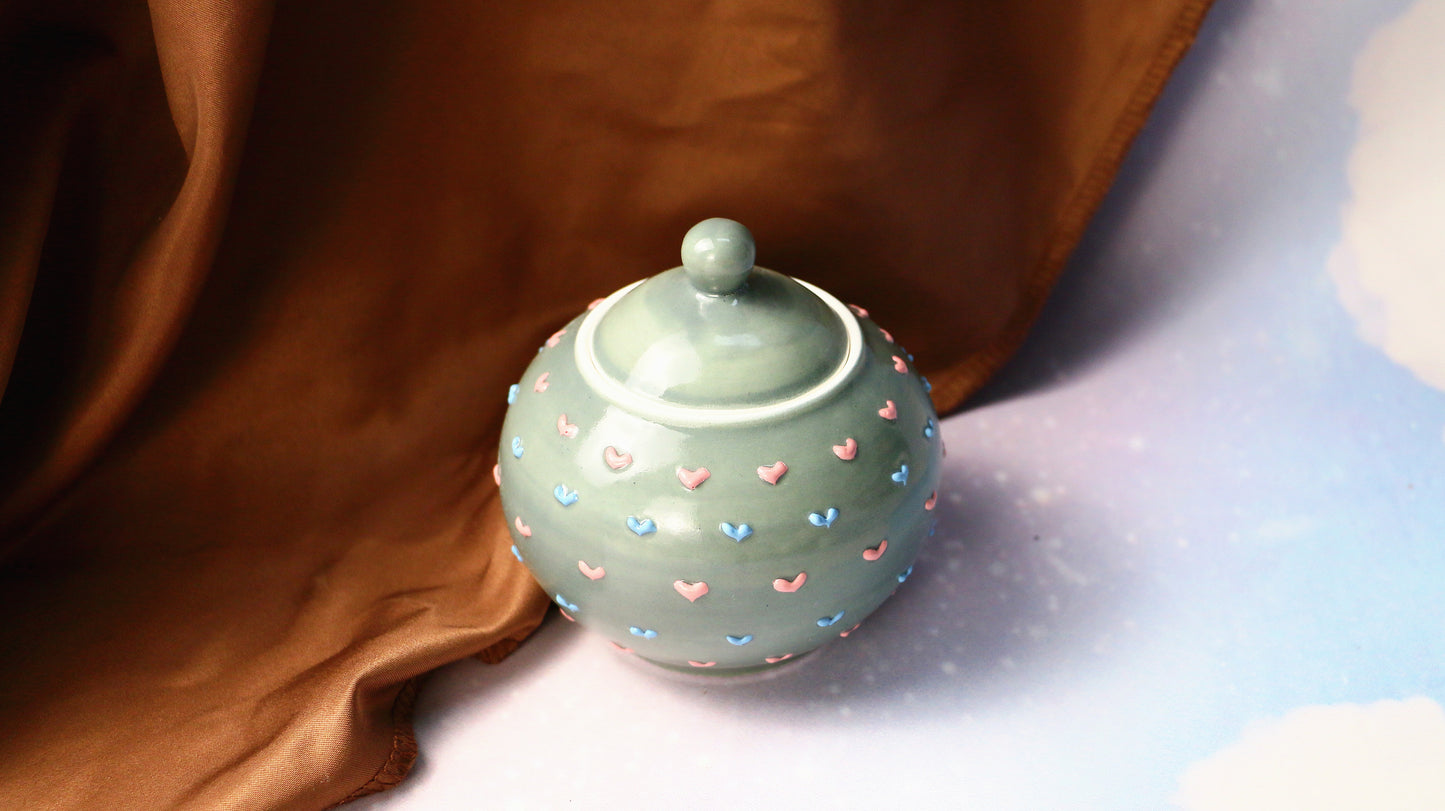 Handmade Round 3D Heart Ceramic Pet Urn, Custom Pottery Keepsake Urn For Ashes