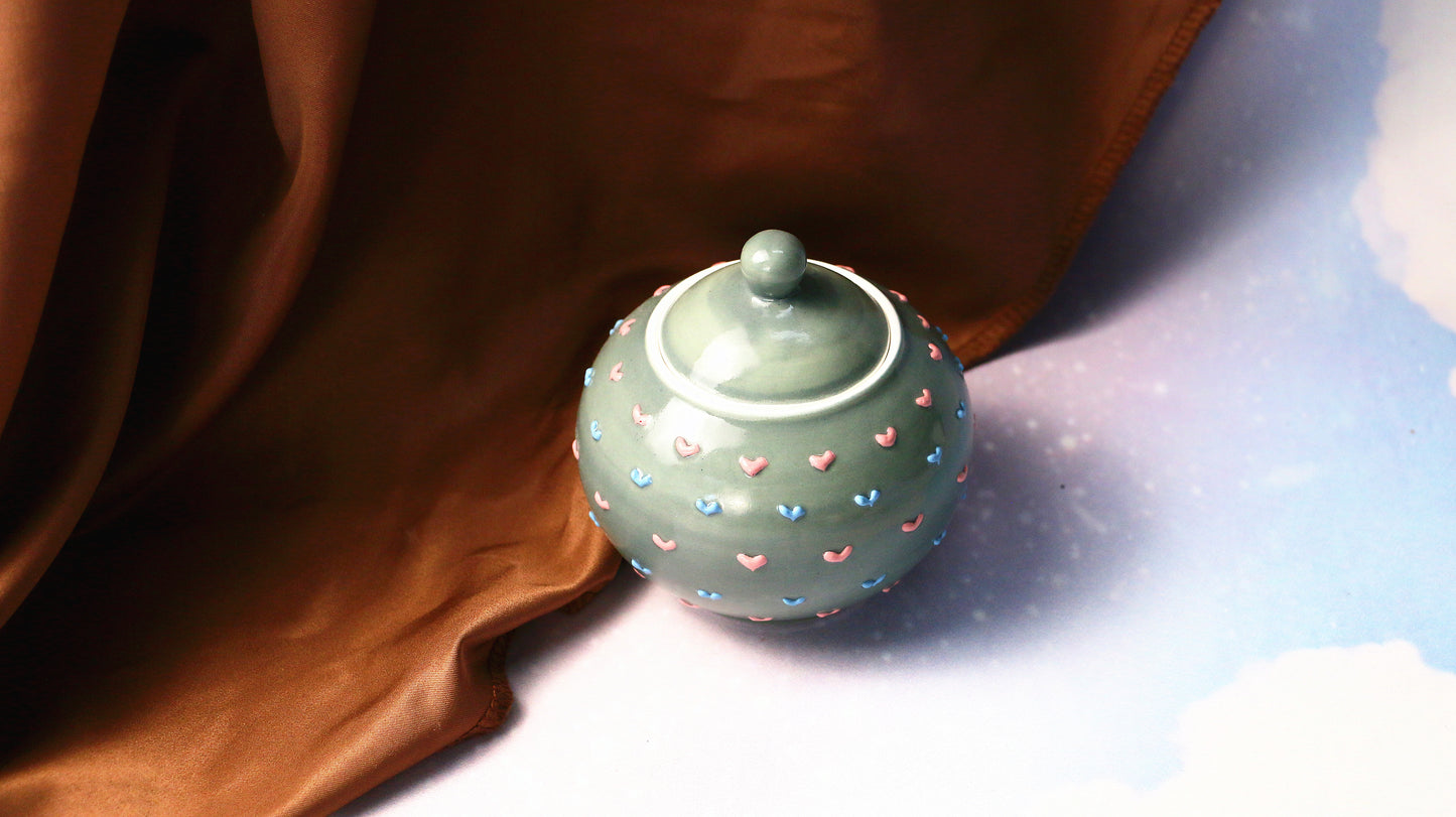 Handmade Round 3D Heart Ceramic Pet Urn, Custom Pottery Keepsake Urn For Ashes