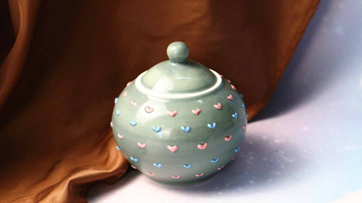Handmade Round 3D Heart Ceramic Pet Urn, Custom Pottery Keepsake Urn For Ashes