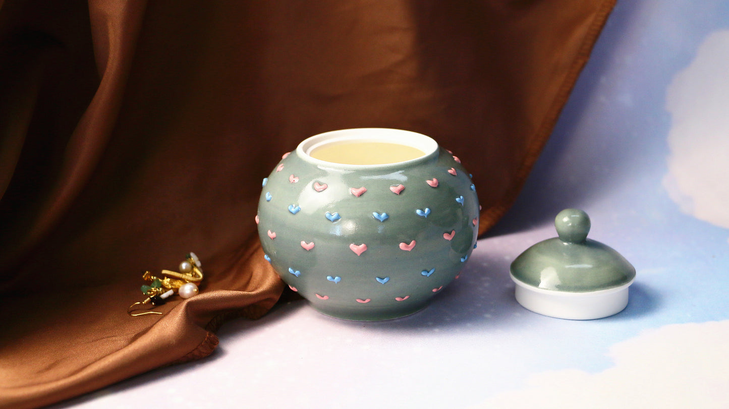 Handmade Round 3D Heart Ceramic Pet Urn, Custom Pottery Keepsake Urn For Ashes