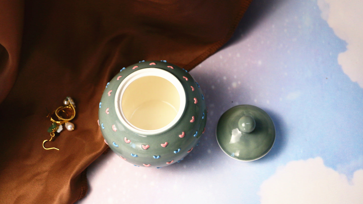 Handmade Round 3D Heart Ceramic Pet Urn, Custom Pottery Keepsake Urn For Ashes