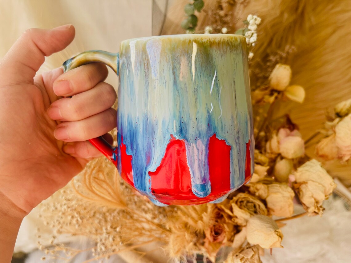 Handmade Ceramic Mug – Unique Dripping Glaze Design – Artistic Coffee & Tea Cup