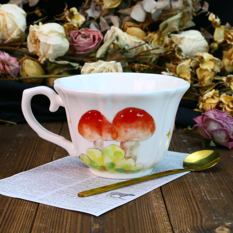 Hand-Painted Ceramic Teacup and Coffee Mug Set, Whimsical Mushroom Garden Design