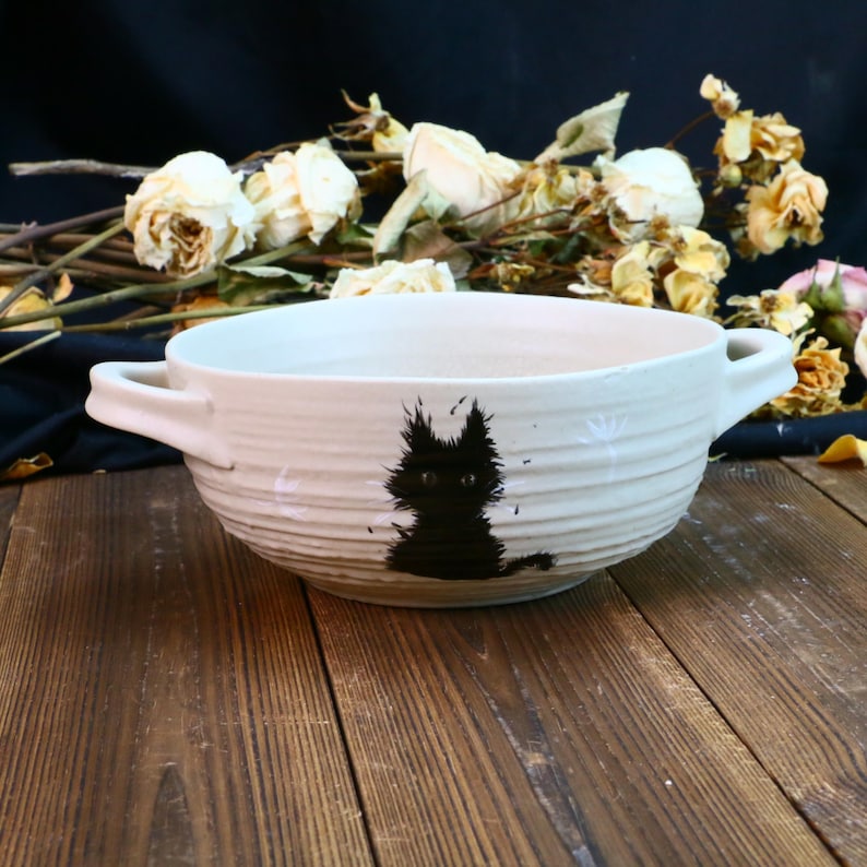 Black Cat Ramen Bowl, Handmade Ceramic Anime Dish with Handles