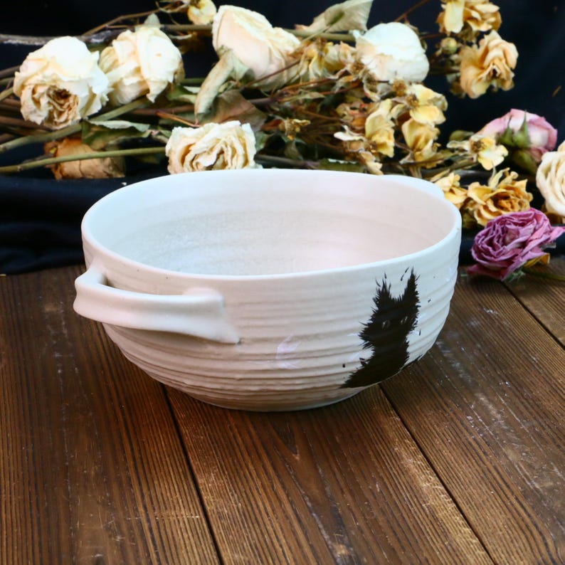 Black Cat Ramen Bowl, Handmade Ceramic Anime Dish with Handles