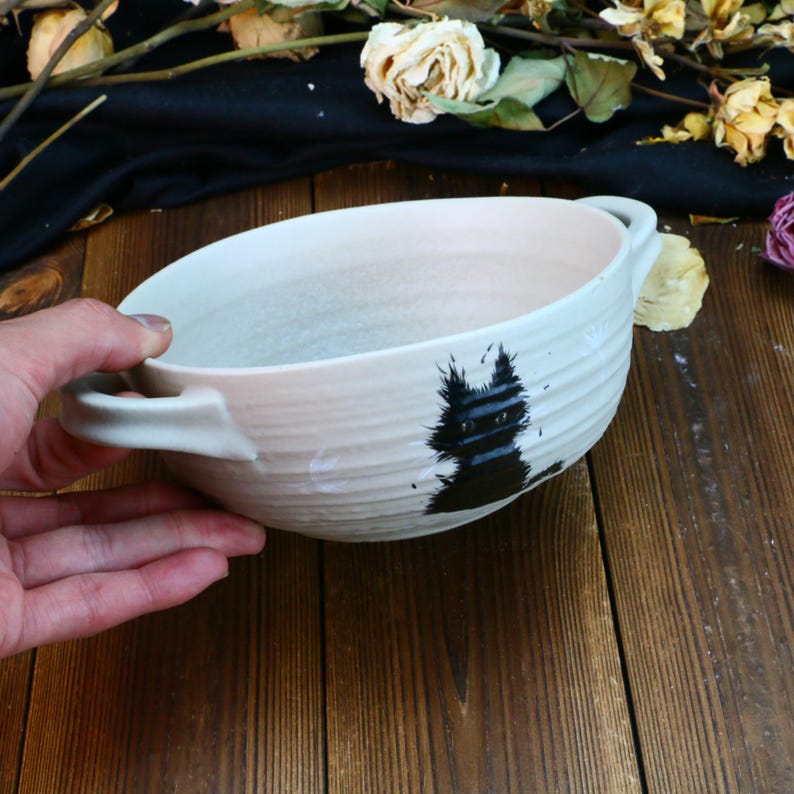 Black Cat Ramen Bowl, Handmade Ceramic Anime Dish with Handles
