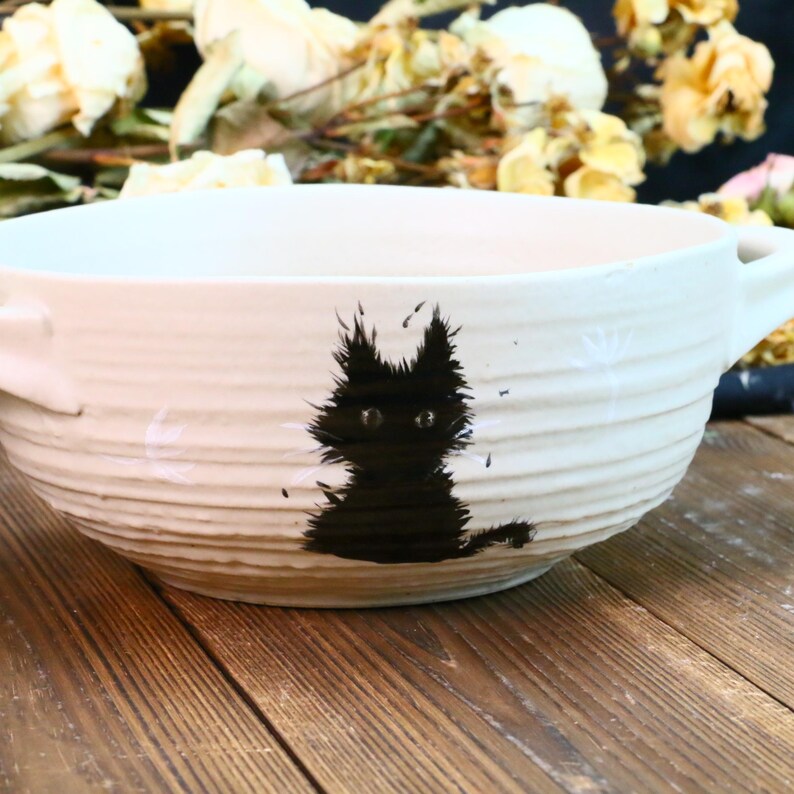 Black Cat Ramen Bowl, Handmade Ceramic Anime Dish with Handles