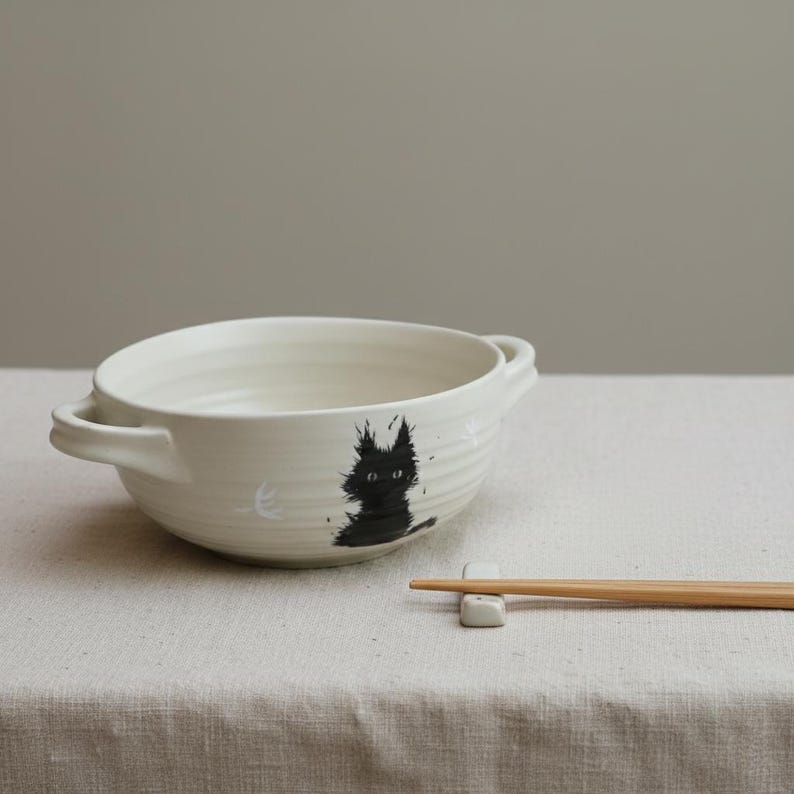 Black Cat Ramen Bowl, Handmade Ceramic Anime Dish with Handles