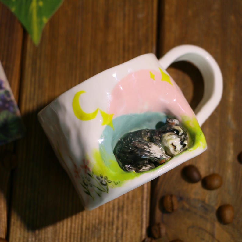 Custom Hand-Sculpted Pet Sleeping Mug – Personalized Ceramic Cup with 3D Pet Portrait Figure Inside