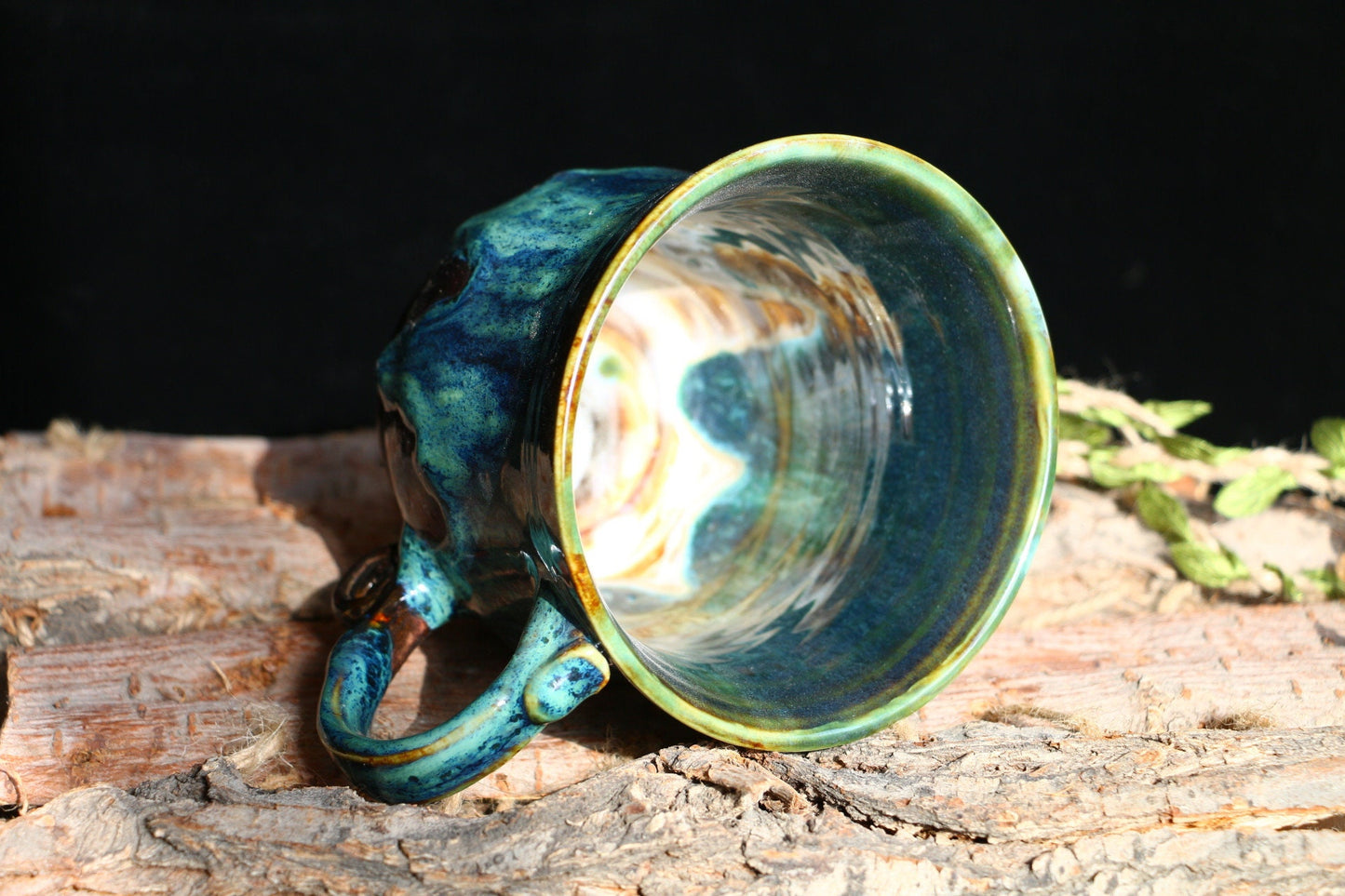Vintage Green Handmade Ceramic Coffee Mug, Personalized Pottery Cup With Rolled Handle