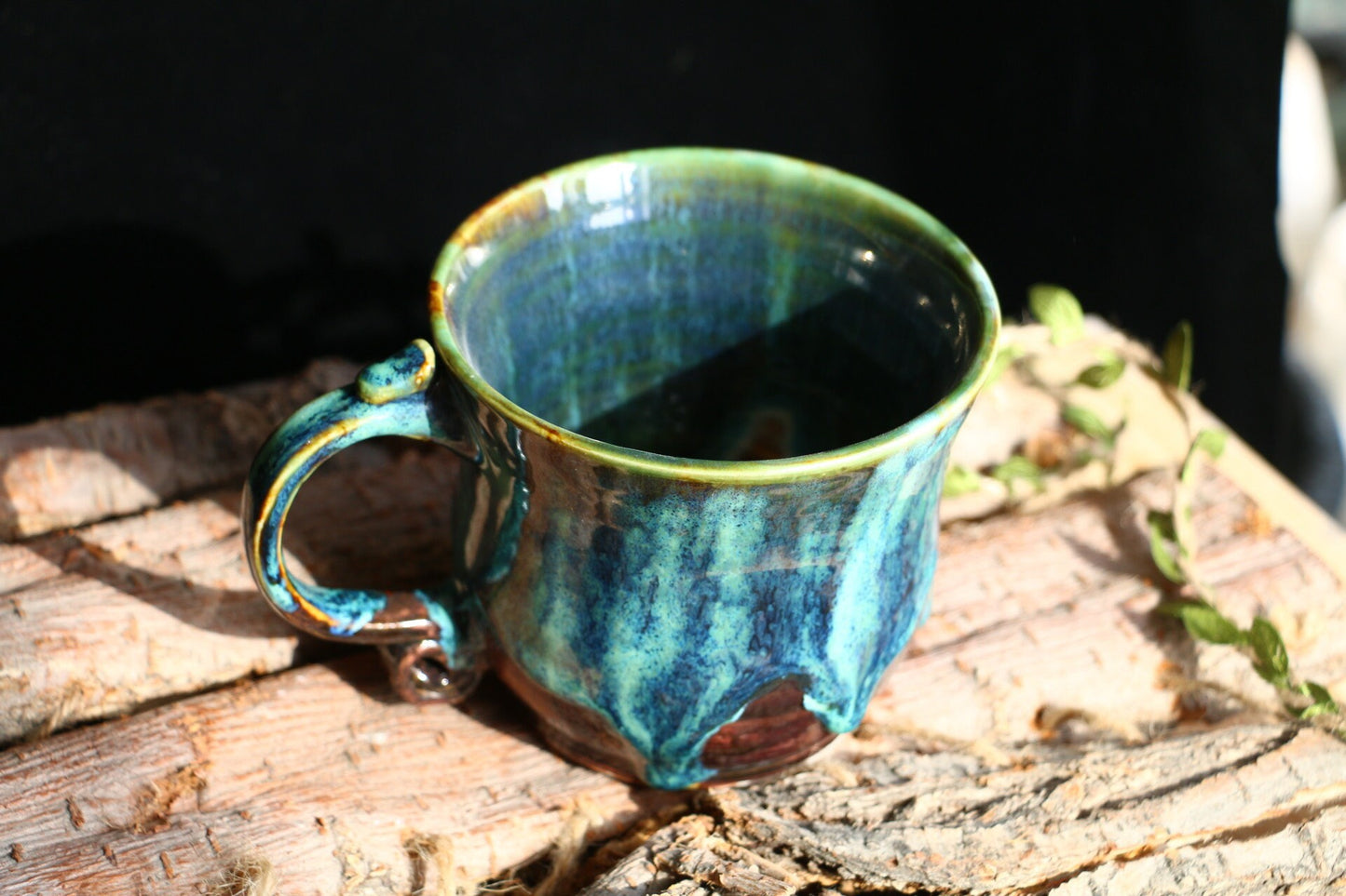 Vintage Green Handmade Ceramic Coffee Mug, Personalized Pottery Cup With Rolled Handle