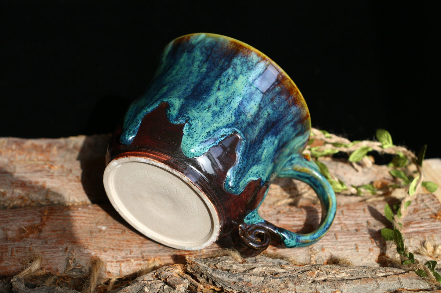 Vintage Green Handmade Ceramic Coffee Mug, Personalized Pottery Cup With Rolled Handle