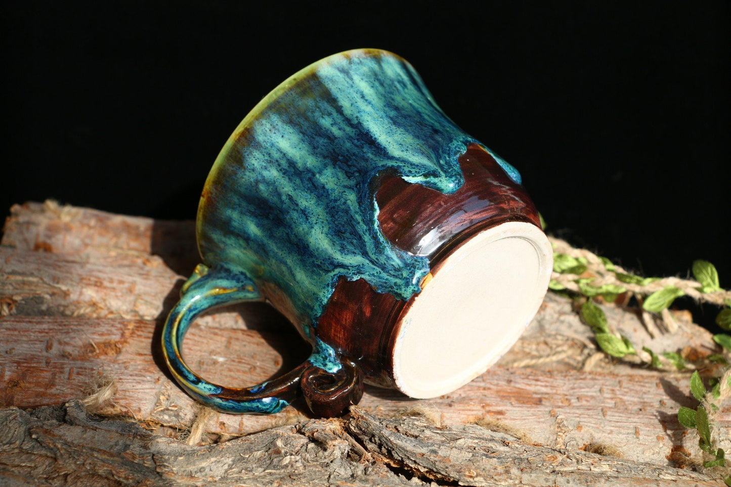 Vintage Green Handmade Ceramic Coffee Mug, Personalized Pottery Cup With Rolled Handle