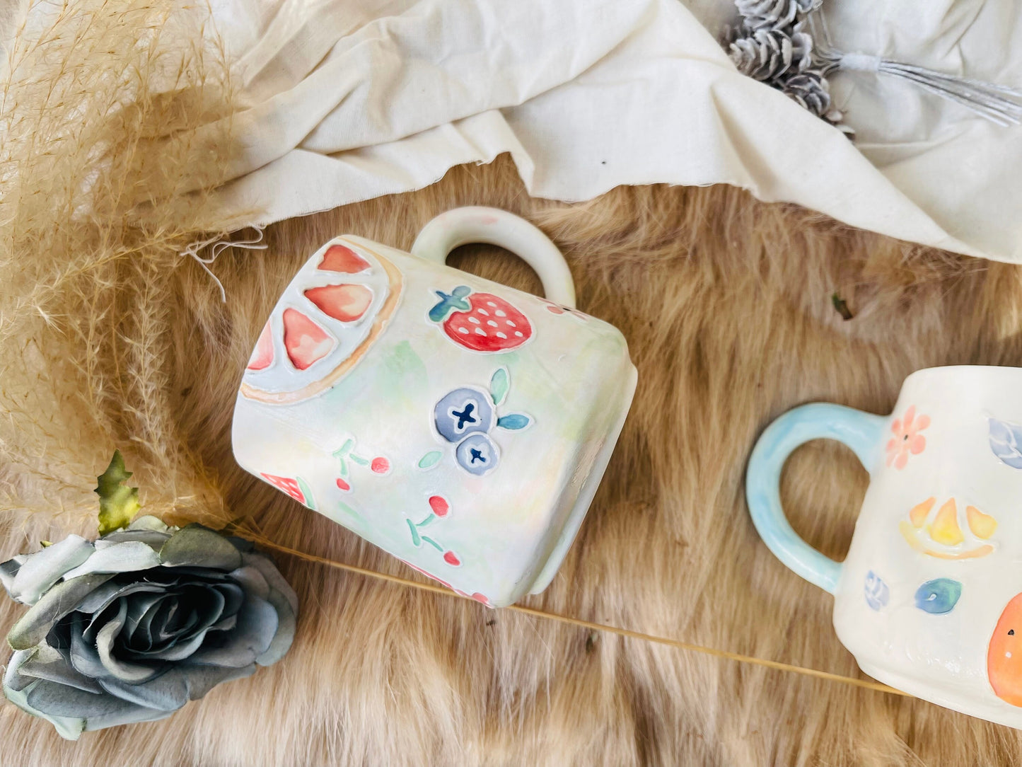 Keramik Kaffeetasse Handgefertigt, Handbemalte Obst personalisierte Keramiktasse