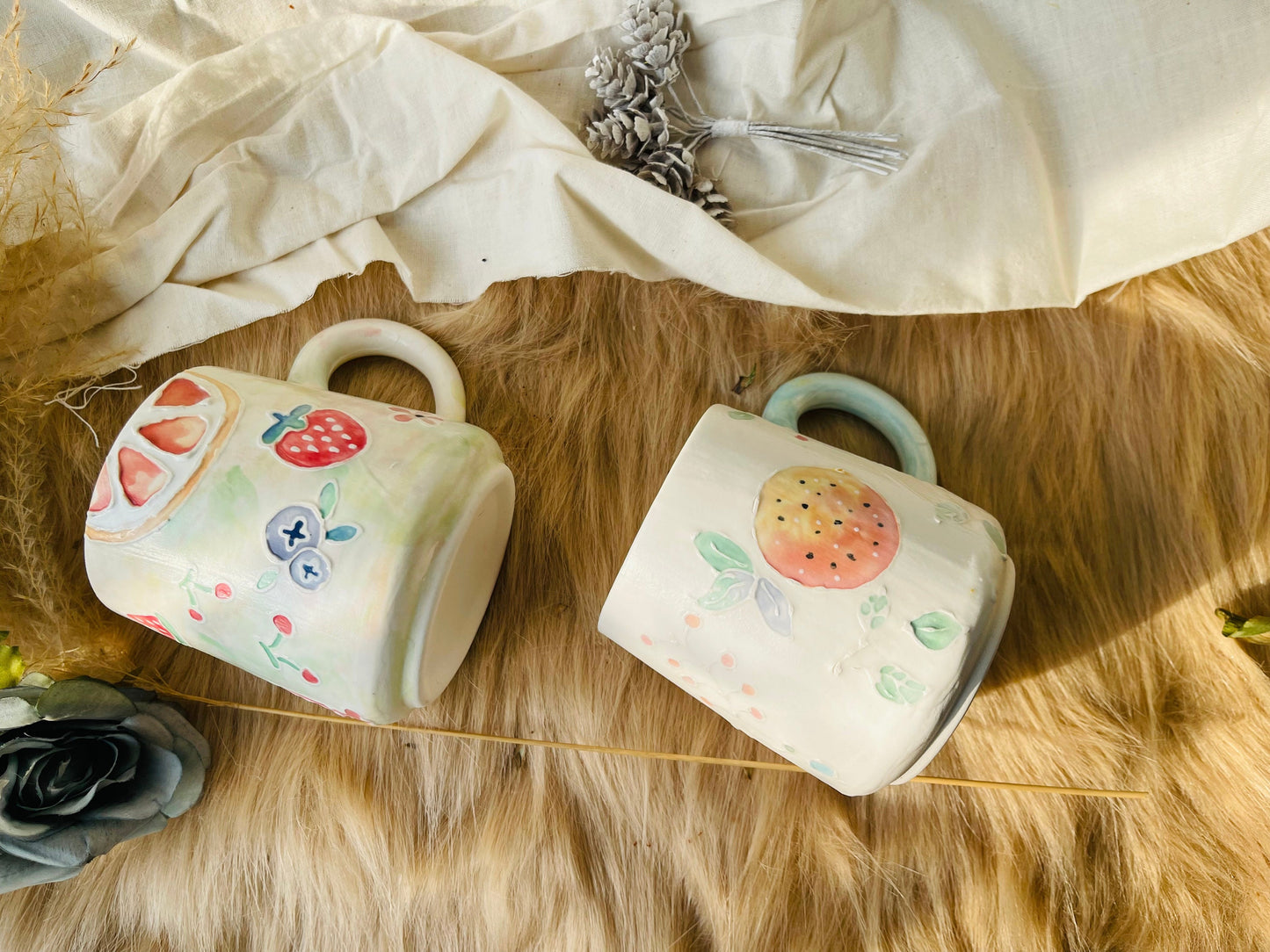 Keramik Kaffeetasse Handgefertigt, Handbemalte Obst personalisierte Keramiktasse
