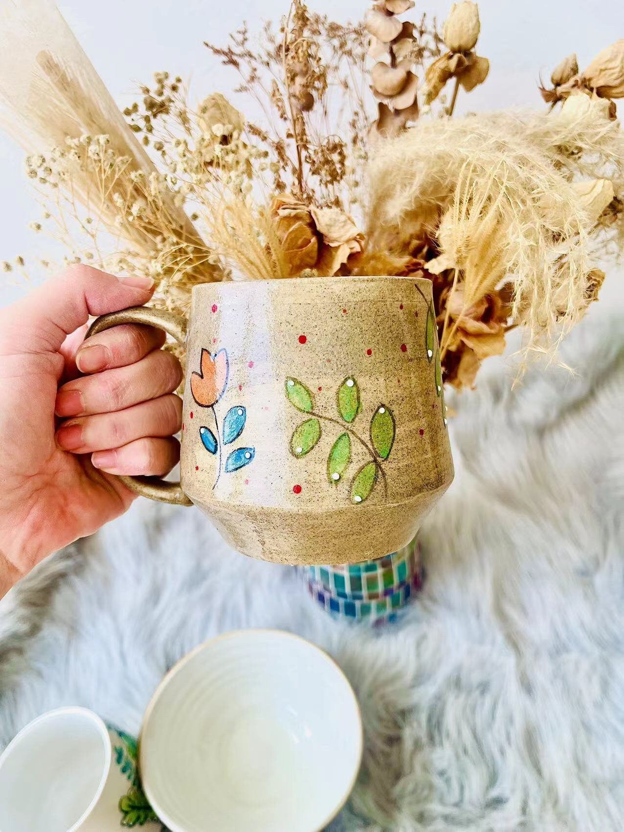 Hand-Painted Coarse Pottery Ceramic Mugs And Bowls With Charming Floral Designs