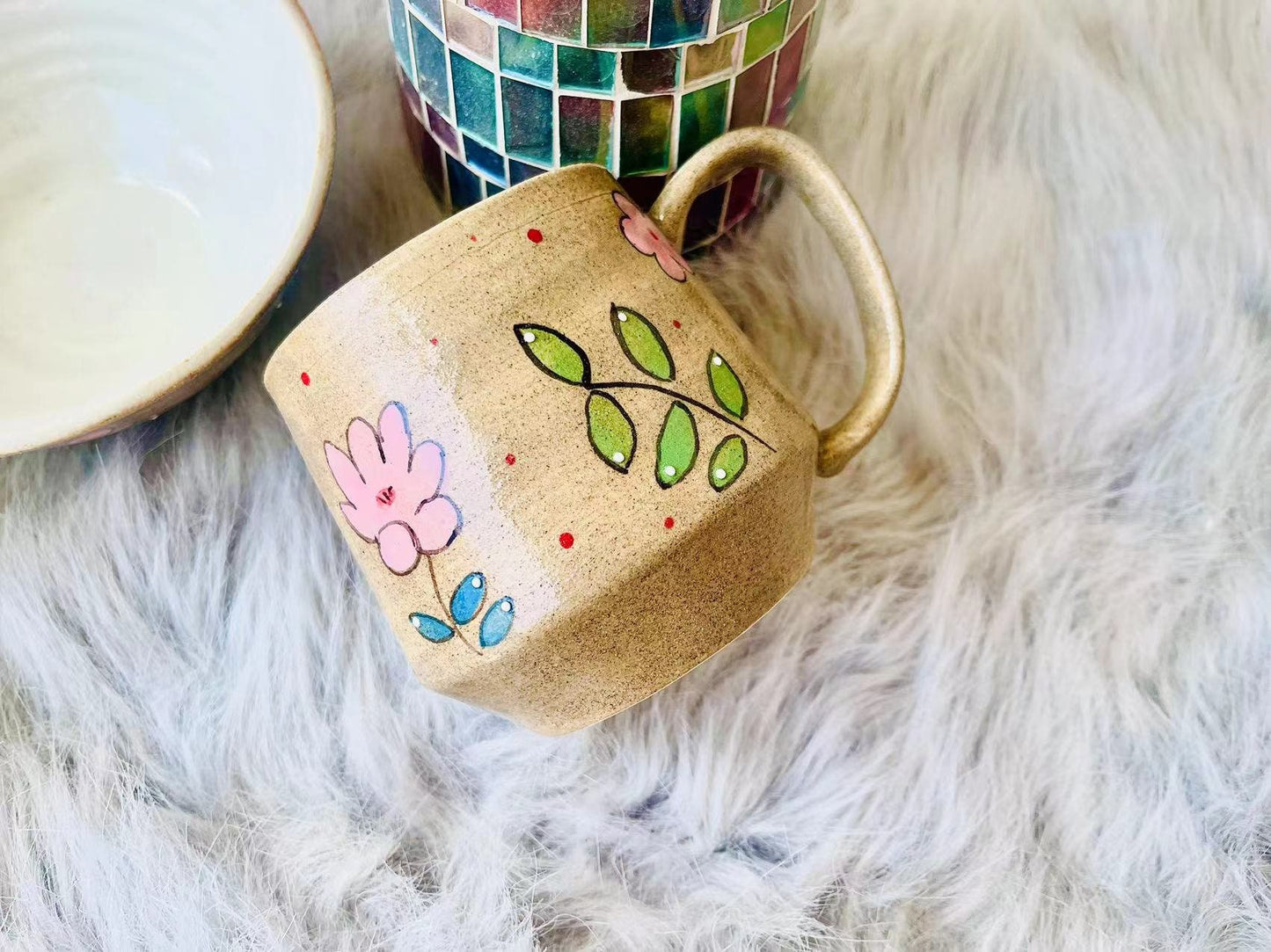 Hand-Painted Coarse Pottery Ceramic Mugs And Bowls With Charming Floral Designs