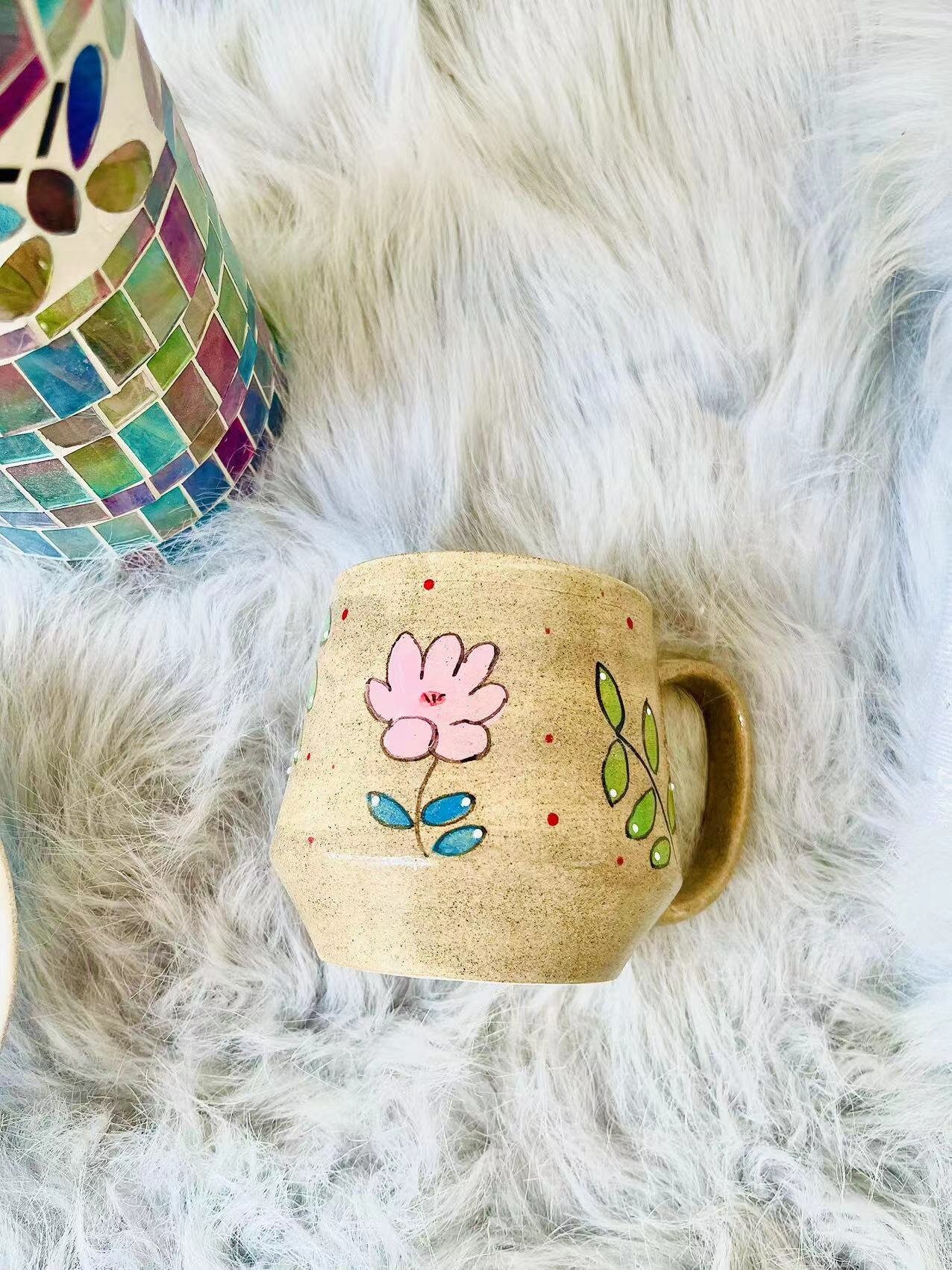 Hand-Painted Coarse Pottery Ceramic Mugs And Bowls With Charming Floral Designs