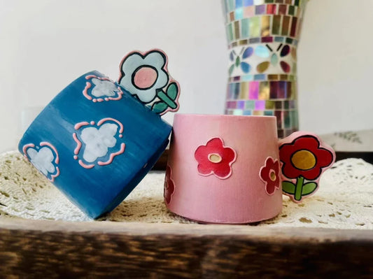 Handmade Ceramic Mug – Floral Handle & Hand-Painted Bloom Design Pottery Cup