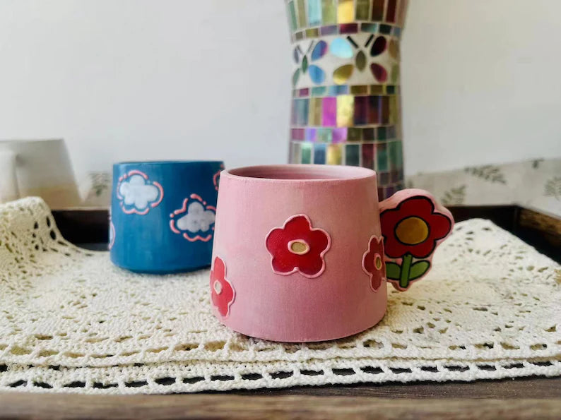 Handmade Ceramic Mug – Floral Handle & Hand-Painted Bloom Design Pottery Cup